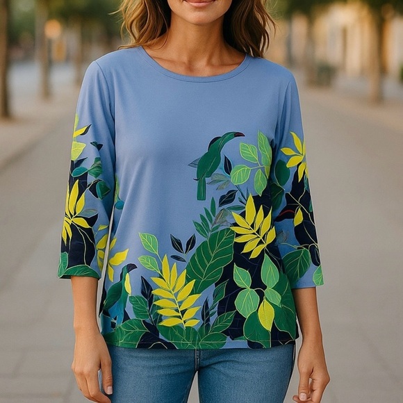 Talbots Women's size XL petite Blue Cotton Bateau Neck Tee - Tropical Jungle - Picture 2 of 8